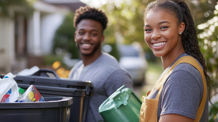 Young couple engaged in eco-friendly recycling activity in urban neighborhood