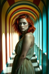 A woman with auburn hair and fair skin in a flowing dress