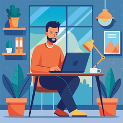 a boy is using his laptop vector