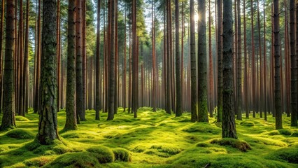 Fototapeta premium Dense pine forest with tall trees and lush green moss, outdoor scenery, nature scenery, outdoor scenery