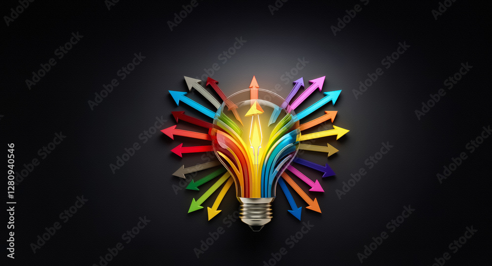 Poster a bright light bulb emits rays of colorful arrows spreading outwards, set against a dark backdrop, s