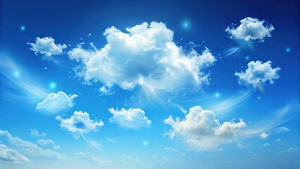 Soft puffy clouds float gently in the bright blue sky with a few wispy strands of white scattered randomly among them , blue sky, subtle colors