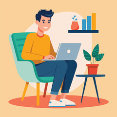 a boy is using his laptop vector