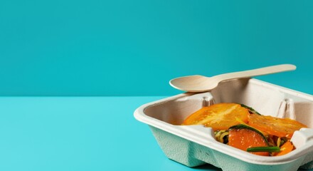 Eco-friendly biodegradable takeout container with spoon and vegetables