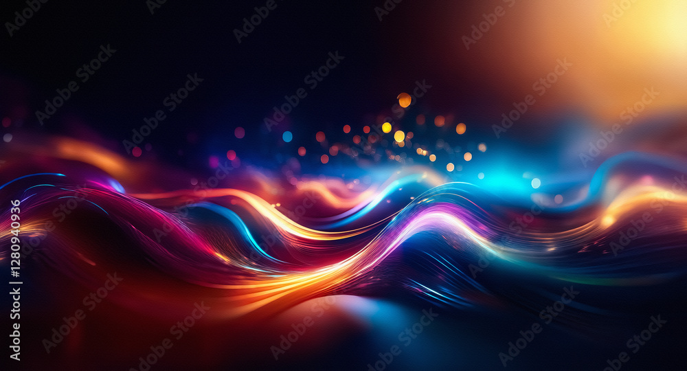 Poster vibrant flowing lines of orange, blue, and purple light against a dark backdrop, illuminated by a br