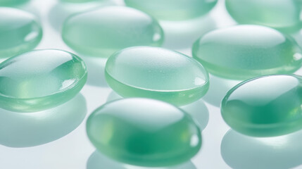 Close up of green laundry detergent capsules for cleaning and household use