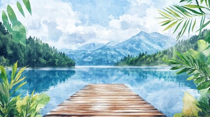 Watercolor Wooden Dock Extends Calm Waters