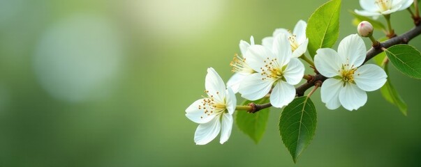 White pear tree flowers swaying gently on a limb, flowers, twig branches, blossom stem