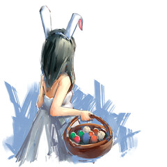 set of artistic illustration of little girl wearing a white dress and a headband with bunny ears, holding a basket filled with colorful eggs, easter egg hunt concept, digital art painting,