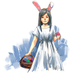 set of artistic illustration of little girl wearing a white dress and a headband with bunny ears, holding a basket filled with colorful eggs, easter egg hunt concept, digital art painting,