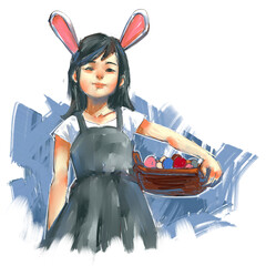 set of artistic illustration of little girl wearing a white dress and a headband with bunny ears, holding a basket filled with colorful eggs, easter egg hunt concept, digital art painting,