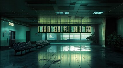 Deserted airport waiting area with rows of empty seats and a departure board.
