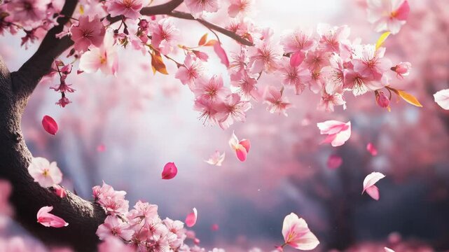 Delicate pink cherry blossoms in full bloom with petals gently falling in the breeze