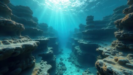 Fototapeta premium Underwater coral reef caves affected by bleaching with sunlight streaming in 