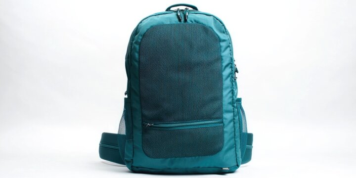 A light blue backpack with many pockets and a unique diamond pattern for modern style and practicality.
