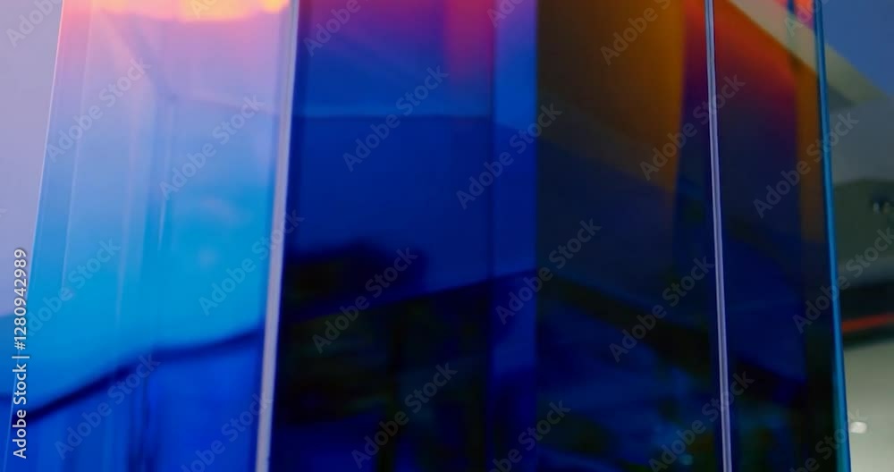Poster abstract glass panel structure with blue and orange color reflective surface