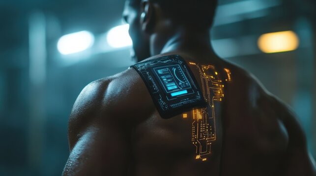 Muscular Man with Futuristic Cybernetic Implant on Back