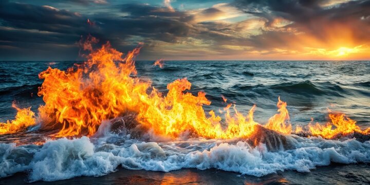 Flames engulfing rugged ocean waves, waves, sea