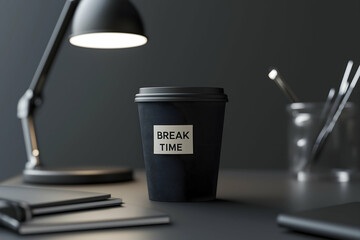 A coffee cup labeled "BREAK TIME" sits on a dark desk, illuminated by a lamp, with stationery nearby, creating a cozy work break atmosphere.