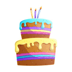 A two-tiered cake with candles. Colorful sweet pastries with icing and cream. the concept of a holiday, birthday, cooking. Isolated vector illustration for design, prints, postcards.