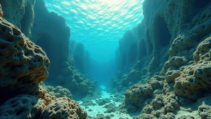 Fototapeta premium Underwater coral reef caves affected by bleaching with sunlight streaming in 