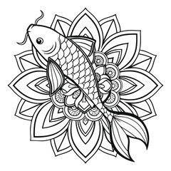 Koi Fish Mandala Coloring Page: Intricate Asian Art, Detailed Scales, Floral Design, Relaxation, Printable Zen Art Therapy for Adults & Kids