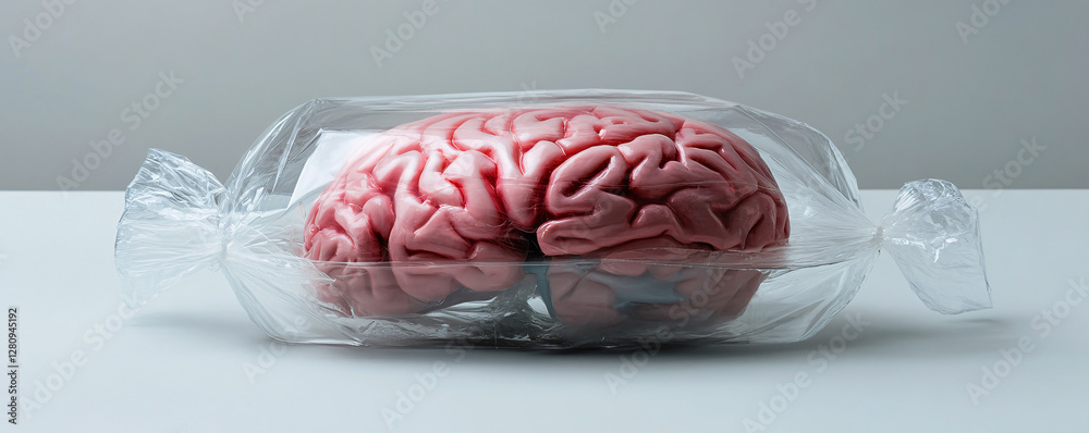 Poster human brain is wrapped in plastic on a white surface, evoking concepts of artificial intelligence an
