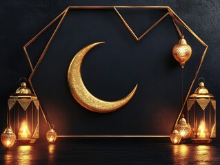 Islamic holiday greeting with mosque in background and gold crescent moon.