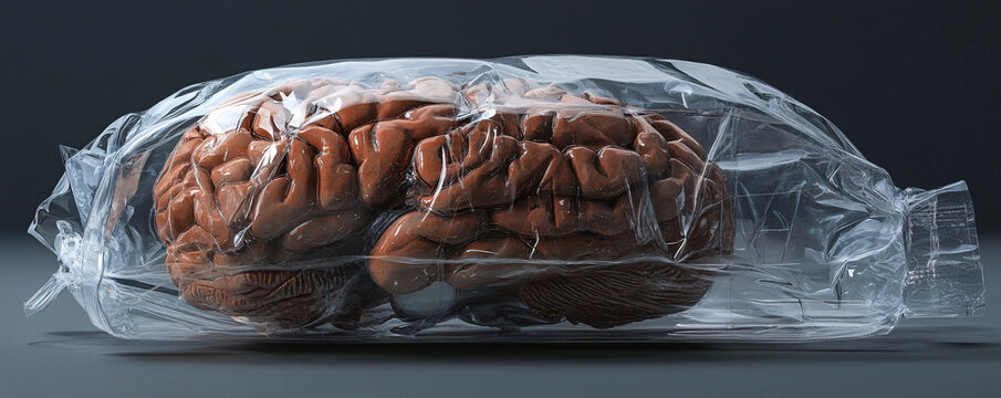 Plastic-wrapped human brain symbolizing artificial intelligence, mind manipulation, and dystopian possibilities