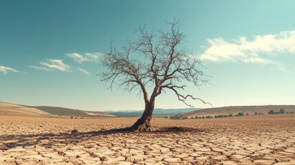 A resilient tree stands alone in a barren landscape, symbolizing the enduring spirit of nature in extreme conditions.