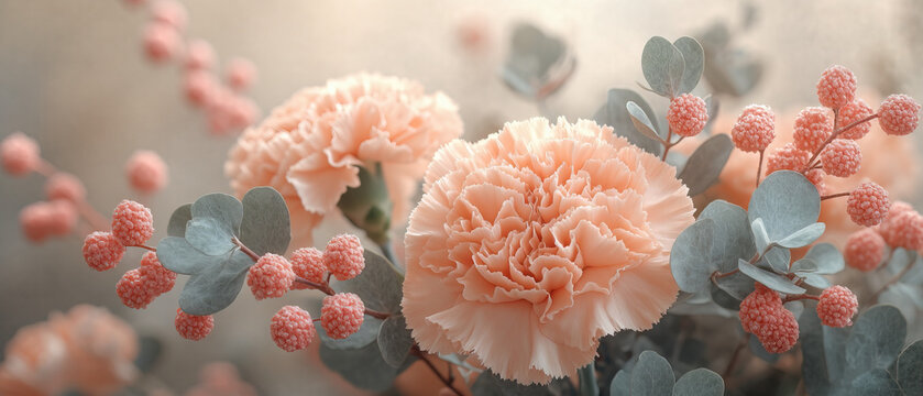 Elegante composici&oacute;n de claveles en tonos melocot&oacute;n sobre un fondo suave, ideal para dise&ntilde;o floral, nupcial, tarjetas, decoraci&oacute;n y proyectos art&iacute;sticos.

