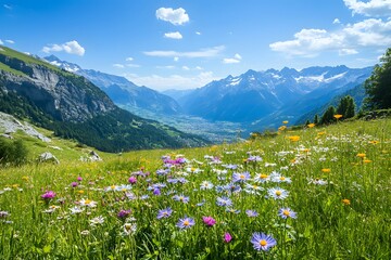 Fototapeta premium A beautiful view of the Alps mountains with yellow flowers, green grass, and rocks on a sunny summer day, Generative AI