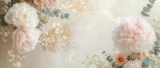 Hermoso arreglo floral con peonías y rosas en tonos suaves, perfecto para fondos elegantes, invitaciones de boda y diseño creativo.

