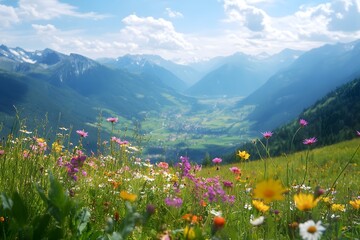 A beautiful view of the Alps mountains with yellow flowers, green grass, and rocks on a sunny summer day, Generative AI