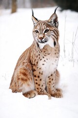 Naklejka premium A buffalo cat sits on snow, looking at the camera with a slightly curious expression.