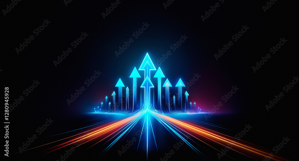 Aufkleber illuminated blue arrows point upward against a dark backdrop, with orange lines converging towards t