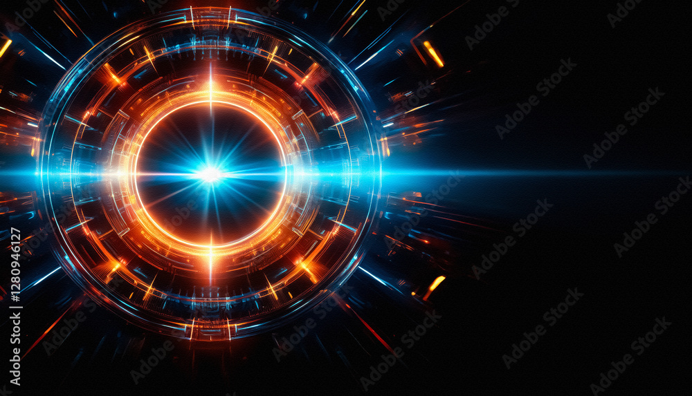 Aufkleber Intense circular design featuring vibrant blue and orange glowing lights.  A powerful central core radiates on a dark abstract backdrop.