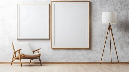 Modern Minimalist Interior Mockup Two Empty Frames Wooden Chair