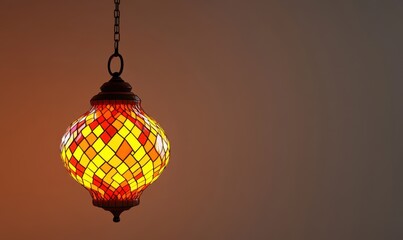 Obraz premium Colorful stained glass lamp hanging against a softly lit background, creating a warm ambiance