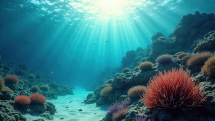 Fototapeta premium Sunlit underwater view of coral reef affected by bleaching in tropical ocean 