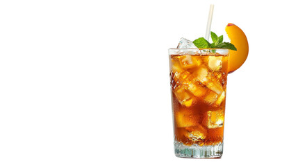 A close view of a glass of refreshing peached ice tea isolated on a plain background or PNG for food type poster or graphic use, Generative AI.