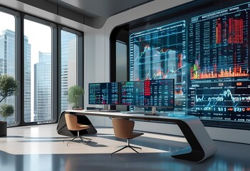 Modern trading room with advanced displays and sleek design in a corporate skyscraper during daytime