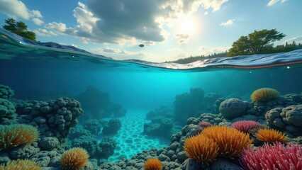 Fototapeta premium Sunlit underwater view of coral reef affected by bleaching in tropical ocean 