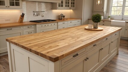 Luxurious and well designed kitchen featuring a wooden island countertop modern appliances and ample natural lighting from large windows creating a warm and inviting atmosphere for cooking dining