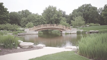 Fototapeta premium Wooden bridge over pond, park, serene landscape, wedding photo