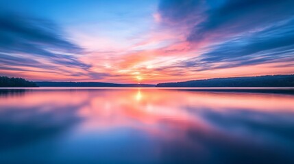 Fototapeta premium Vibrant sunset over calm lake with colorful clouds and reflective water surface
