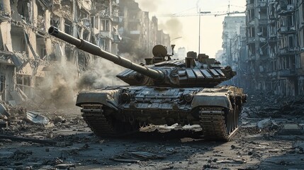 Tank stands amidst destruction in a war torn city