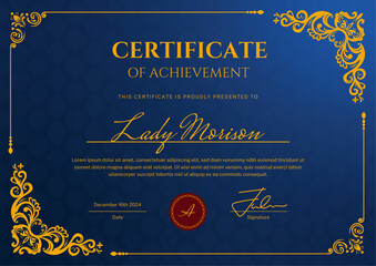 Elegant certificate template with a blue gradient background and premium floral frame ornaments. Features editable text and stylish fonts. Perfect for awards, diplomas, and recognitions