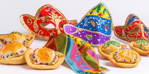 Vividly colored pastries made to look like Mardi Gras masks with vibrant designs and edible paper hats.