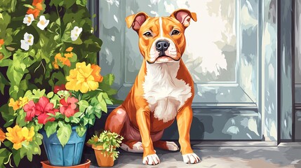 Cute American Staffordshire Terrier Watercolor Painting